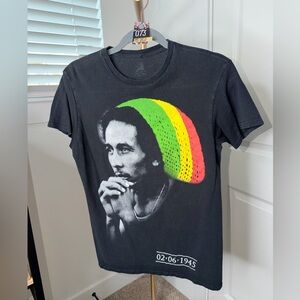 73. Black Bob Marley Graphic Tee with Rasta Accent